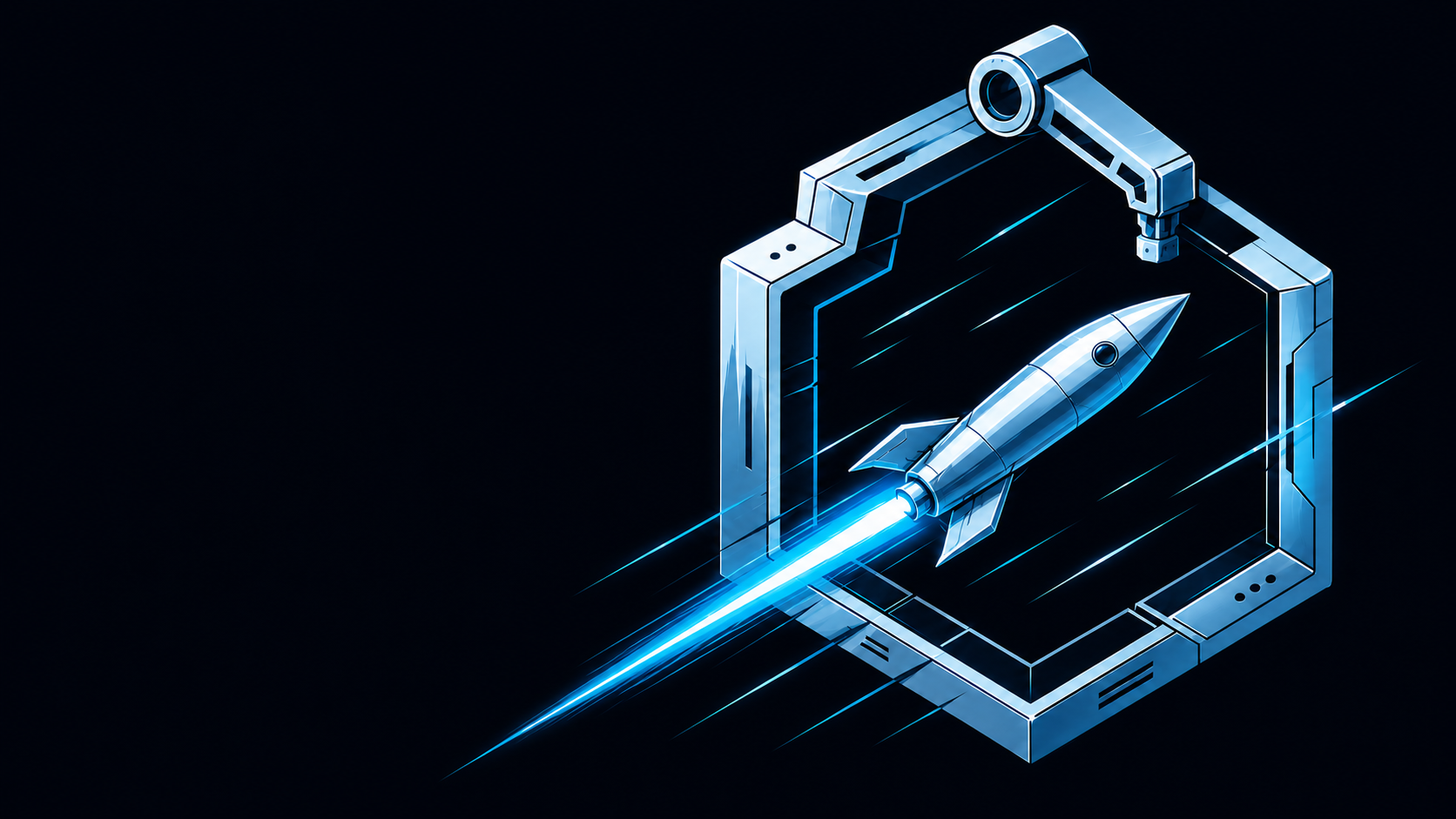 The StarWright mark: a chrome hexagonal orbital drydock with a rocket firing blue exhaust through the frame.